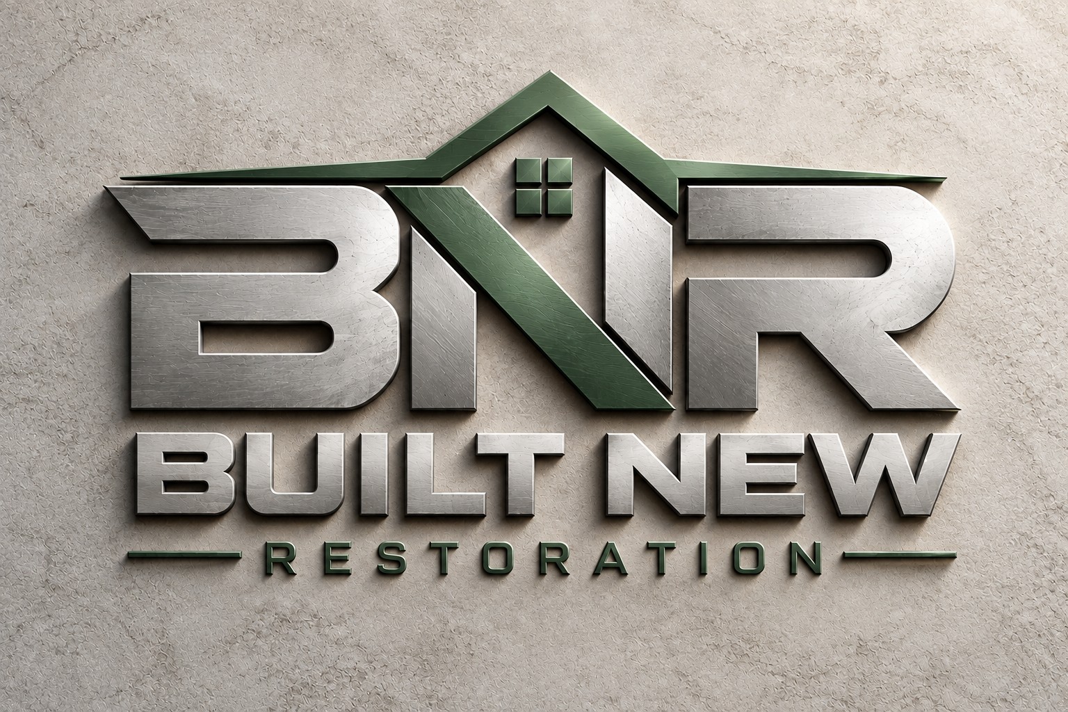 Built New Restoration logo, a green roofline and metallic BNR lettering